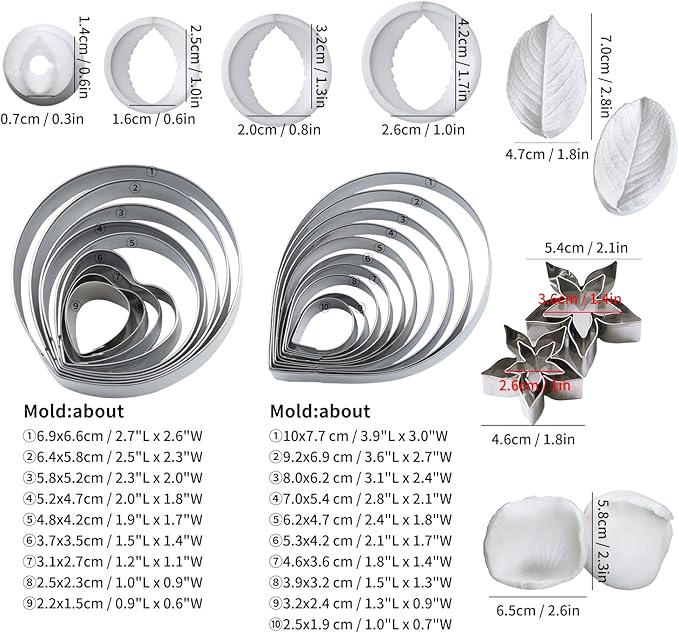 KALAIEN 31Pcs Austin Rose Cutter Set Rose Petals Silicone Fondant Mould Veining Petal Sugar Flower Making Tool