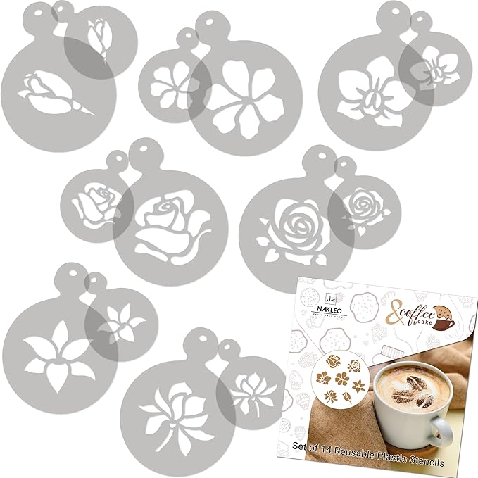 NAKLEO Coffee Stencils and Cookies Decoration 14Pcs 2.8”x2.8” and 4.3”x4.3”, Reusable Plastic Baking Templates, Barista DIY Art Craft, Capuccino Latte Chocolate Cake Biscuit