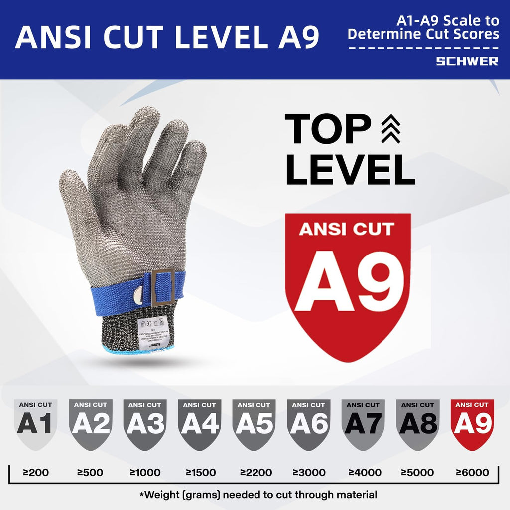 Schwer SlicePro ANSI A9 Cut Resistant Glove PR1706, Stainless Steel Mesh Metal Glove, Food Grade for Kitchen Cooking, Butcher Meat Cutting, Oyster Shucking, Mandoline, (XL, 1 PCS)