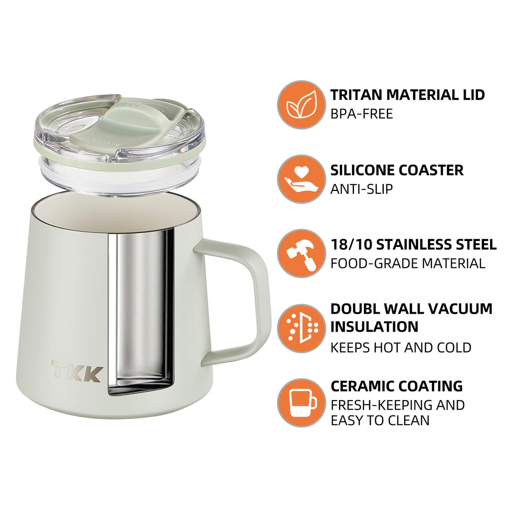 TKK 12 oz Insulated Coffee Mug with Handle Ceramic Coating Detachable Slider Lid Stainless Steel Tumbler Double Wall Vacuum Travel Cup
