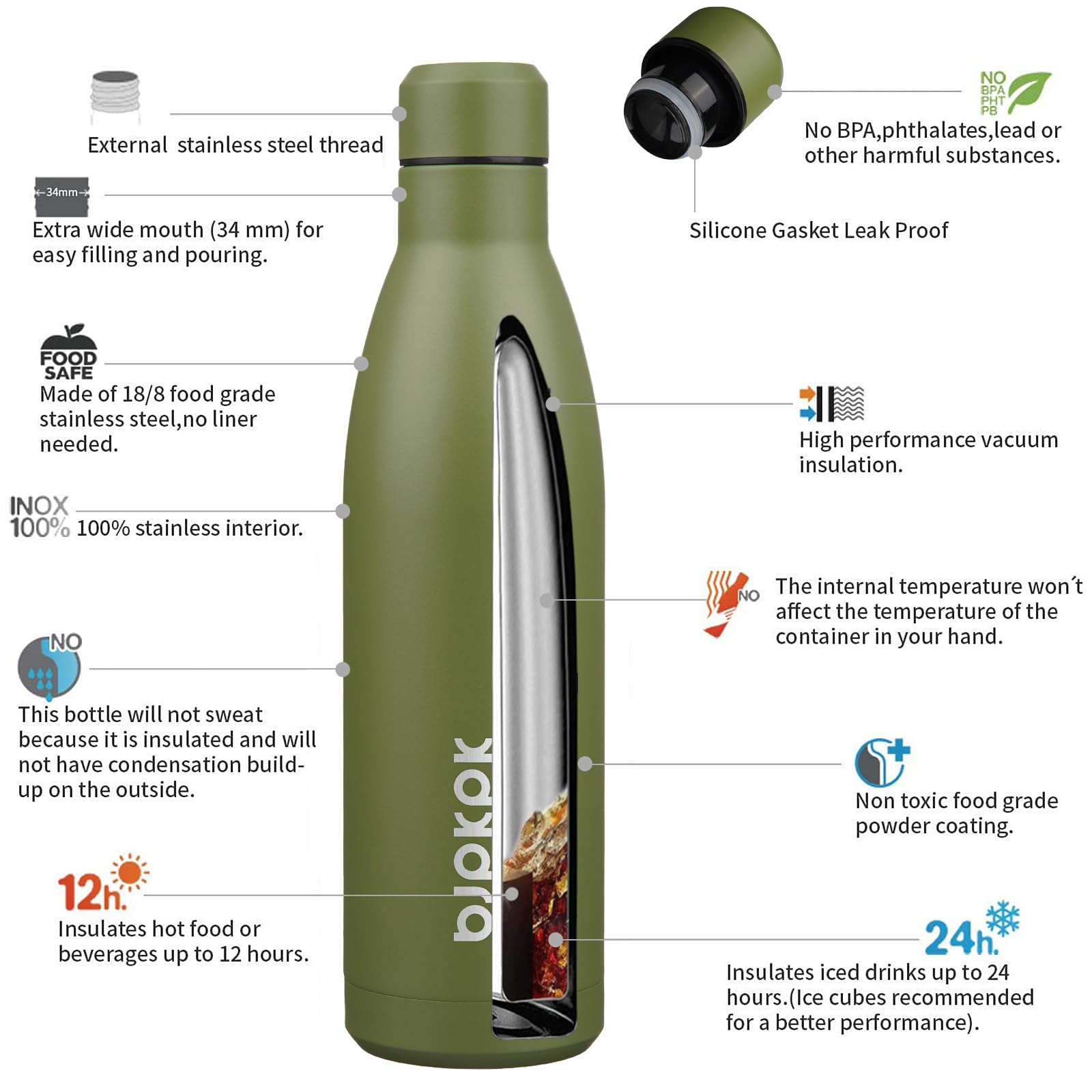 BJPKPK 25 oz Insulated Stainless Steel Water Bottle, Metal Sports Flask