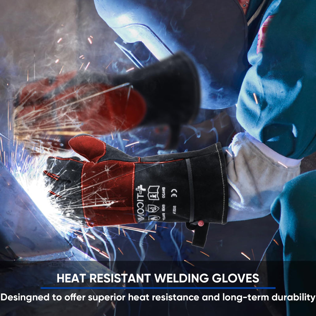 TICONN 16 Inch Welding Gloves, 1000°F Heat-Resistant Fireproof Leather Gloves for Welders, Stick, Forge, Mig, Tig, BBQ, Baking, Oven (Black/Red, XXL)