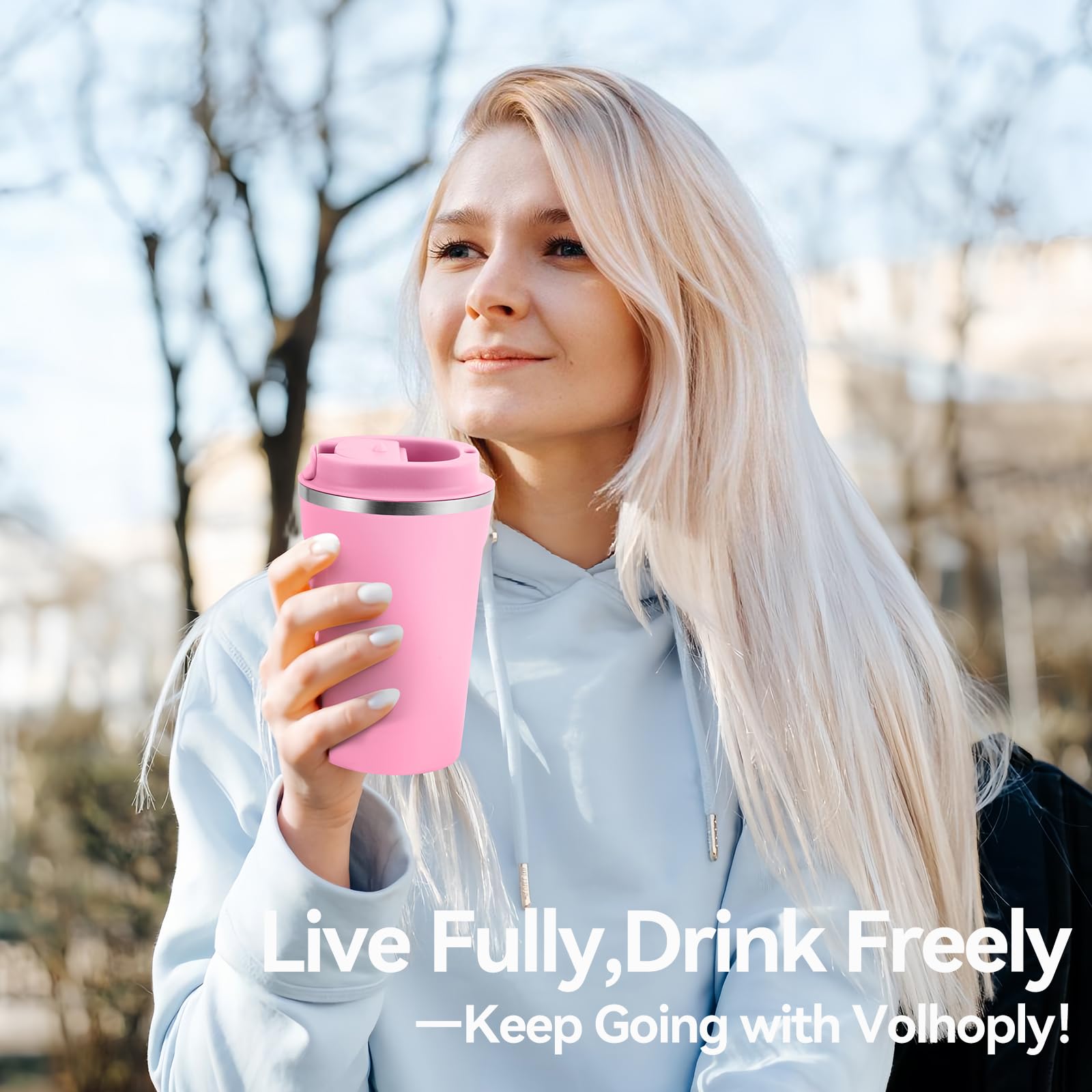 Volhoply 12 oz Double Wall Insulated Vacuum Travel Coffee Mug with Flip Lid,Reusable Stainless Steel Leak Proof Coffee Cup,Portable Iced Cafe Thermal Tumbler Suitable for Hot & Cold Drinks(Pink,1 Set)