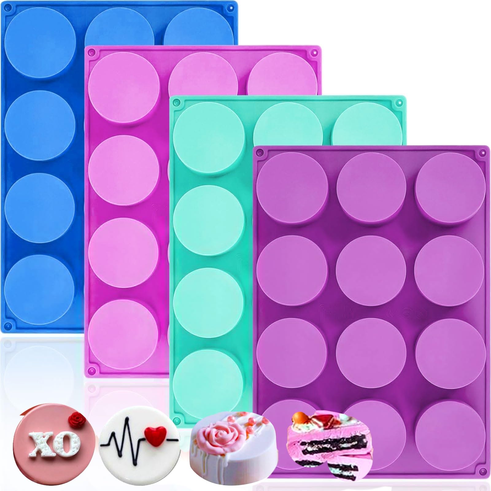 HKNMTT Silicone Round Cookie Mold, 4 PCS Candy Chocolate Moulds, 12-Cavity Cylinder Non-Stick Food Grade BPA Free Moulds for Making Handmade Soap Mini Cake Jelly Brownie Pudding Jello