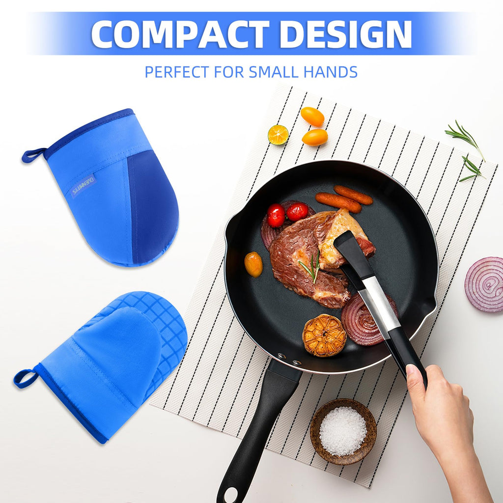 Mini Oven Mitts, Kitchen Oven Gloves Kitchen Mittens 500 Degrees Heat Resistant Baking Gloves, Non-Slip Silicone Surface with Hanging Loops Hot Gloves for Cooking, Baking, BBQ 1 Pair-Blue