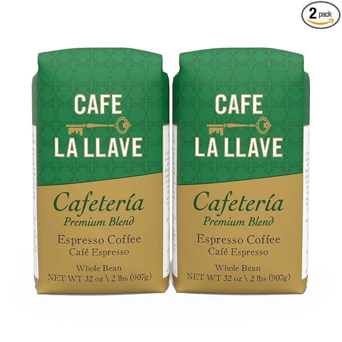 Cafe La Llave Whole Bean Espresso Coffee, Premium Dark Roast, 32 oz Bags (Pack of 2) - Rich Cuban-Style Blend