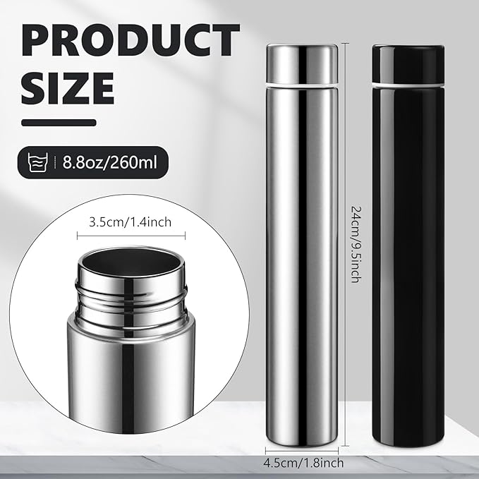 Vesici Slim Water Bottle 8.8 oz Small Stainless Steel Purse Compact Insulated Water Bottles Camping Travel Backpack Pocket Flask for Car Cold Coffee Tea(Silver, Black,2 Pack)