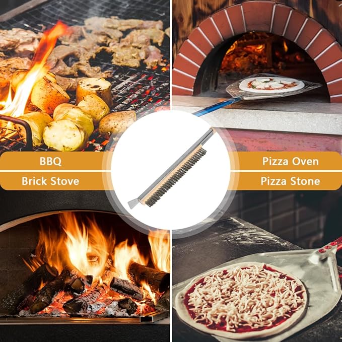 Pizza Oven Brush, 26" Brush and Stainless Steel Scraper for Pizza Stone with Screwdriver and Non Scratch Heat Proof Brass Bristles, BBQ Grill Cleaning Brush Outdoor Pizza Oven and Accessories