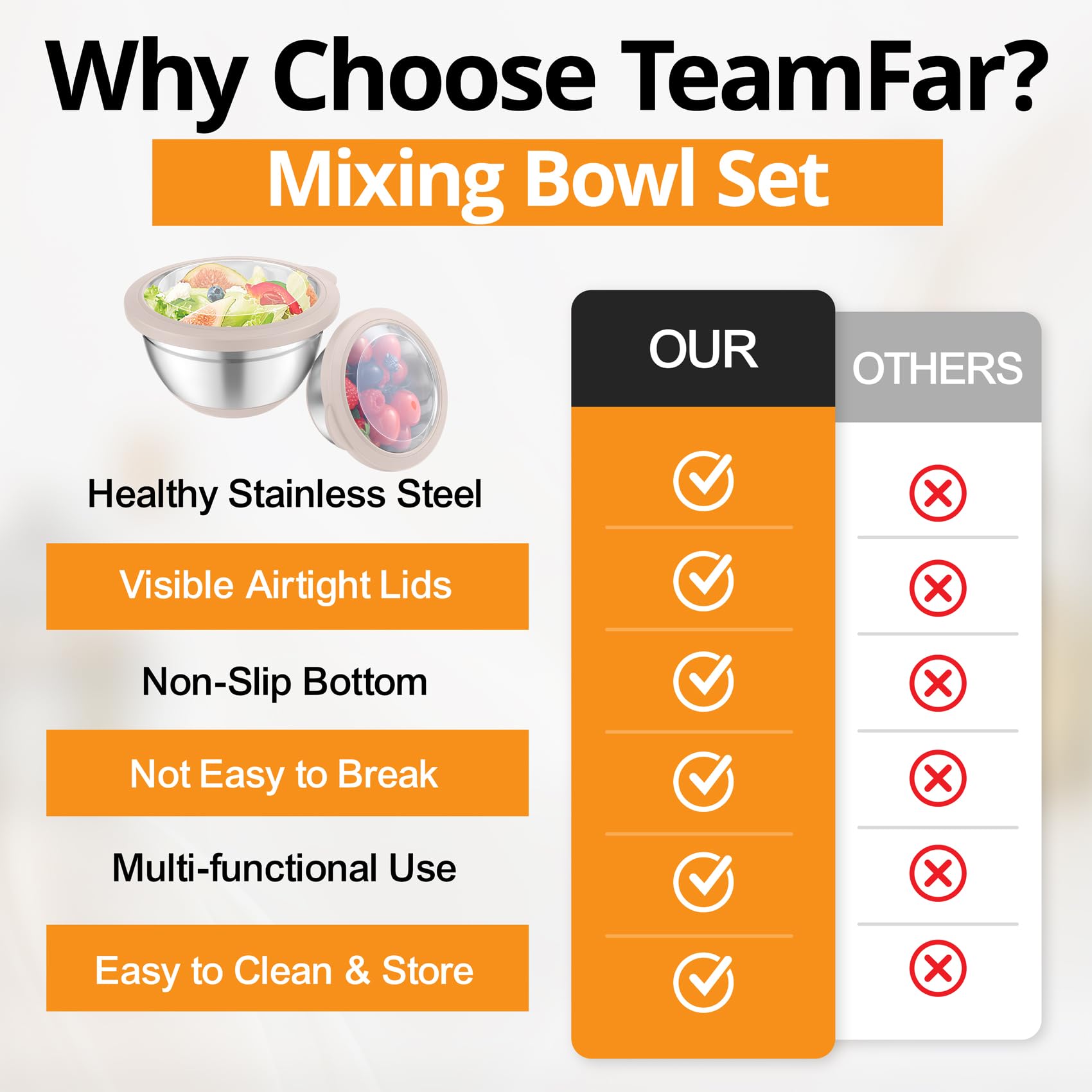 TeamFar Mixing Bowls, Salad Bowls with Transparent Airtight Lids, Khaki