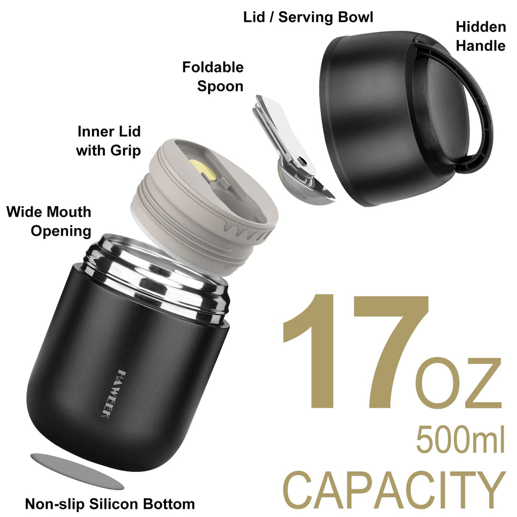 HAWEEK 17oz Insulated Food Jar with Spoon,Stainless Steel,Pure Black