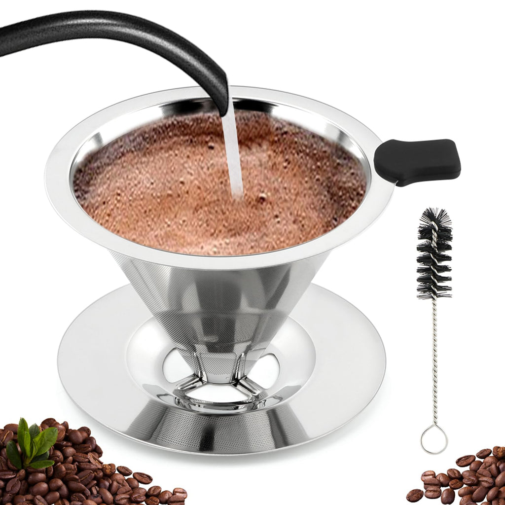 Pour Over Coffee Dripper with Cleaning Brush, Stainless Steel Cone Coffee Filter Fine Mesh Double Layer, Paperless Reusable Coffee Filter, Drip Cone Brew Coffee Strainer(SIZE:Small)