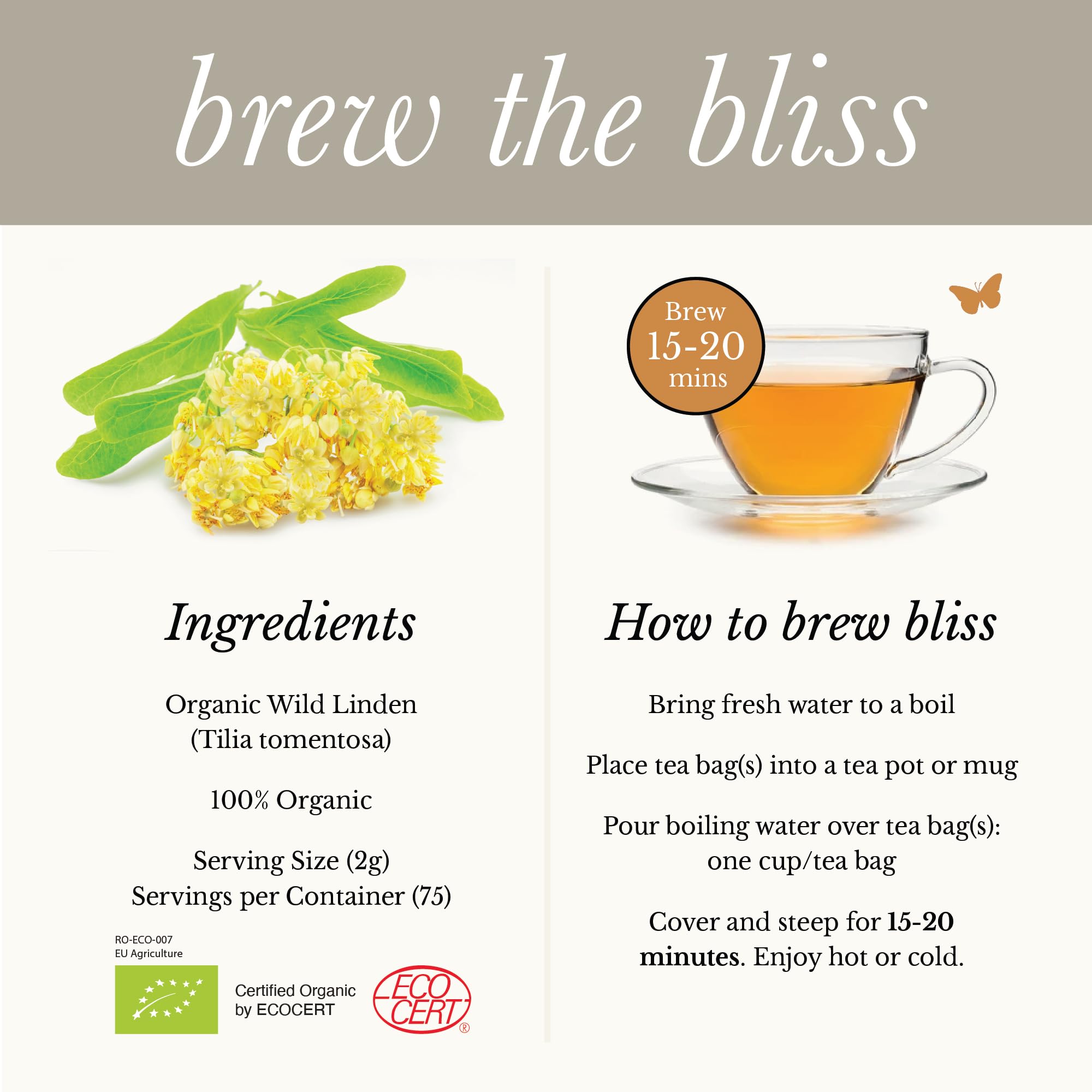 Wild Bliss Organic Linden Flower Tea - Caffeine Free Calming Herbal Tea - 75 Plant Based Tea Bags