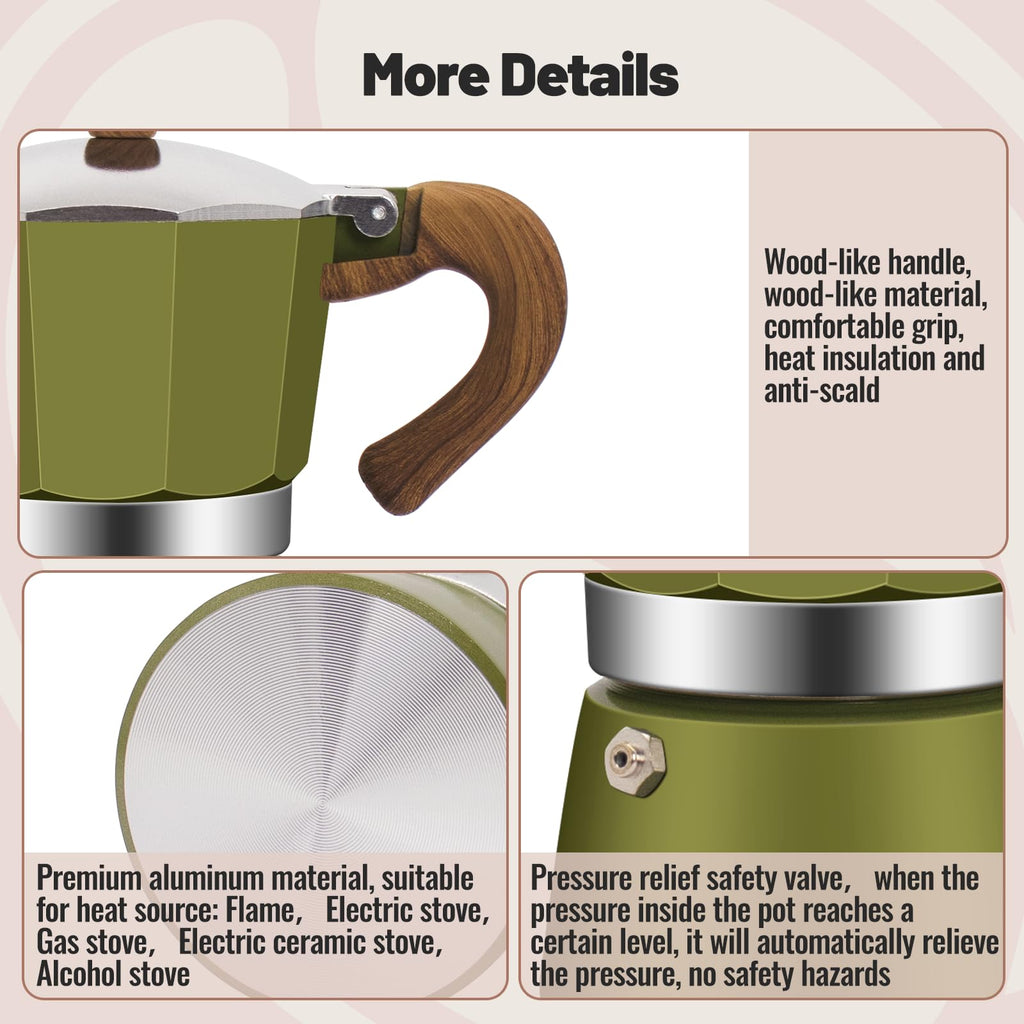 Vaolvpant 3 Cup Aluminum Moka Pot Classic Stovetop Espresso Coffee Maker 150ml 5oz Coffeemaker Percolator Mocha Pot Greca Coffee Maker Cafe Makers for Italian and Cuban Café Brewing Green