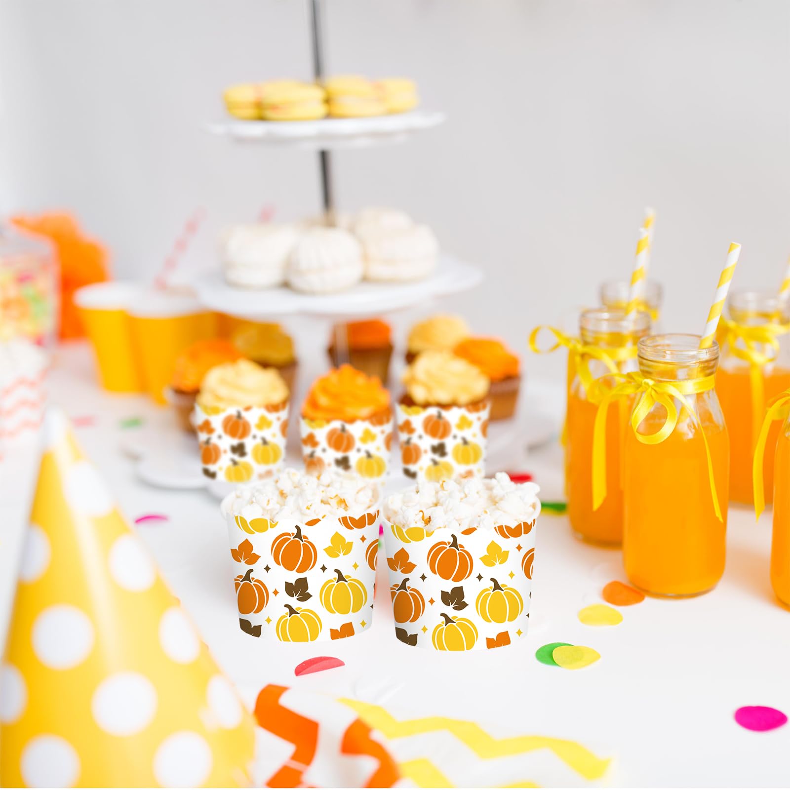 Whaline 100Pcs Fall Paper Baking Cups Pumpkin Maple Leaf Cupcake Wrappers Orange Yellow Brown Scalloped Edge Cupcake Muffin Cases for Autumn Thanksgiving Dessert Decoration
