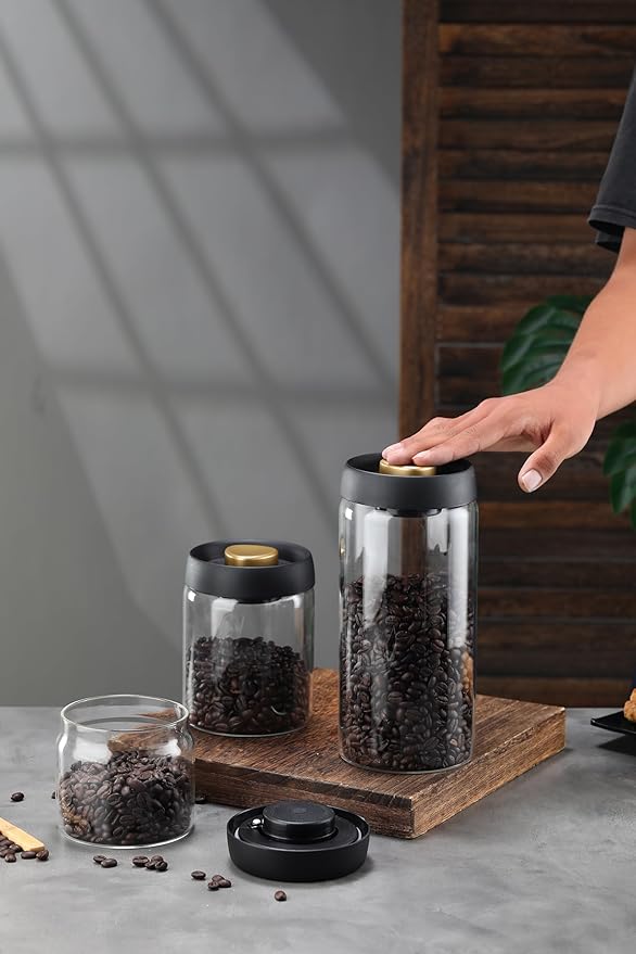 LOEZ Coffee Bean Storage Container Airtight, Lid Sealed with Press-Down Vacuum, Borosilicate Glass Coffee Canister, Food Storage, Coffee Bar for Ground Coffee, Tea, Beans, Spices (Large - Gray)