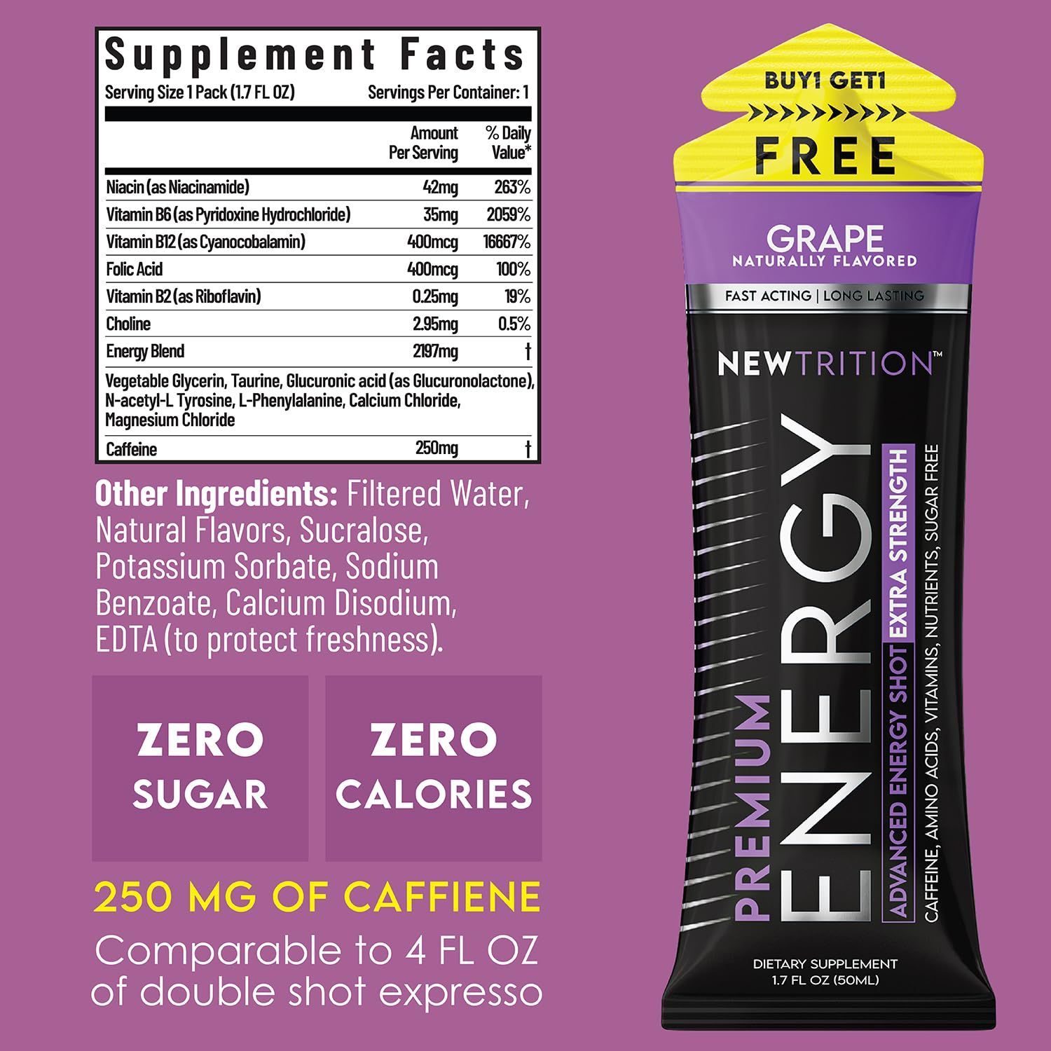 NewTrition® Extra Strength Energy Shots, 1.7 fl oz - 250mg Caffeine with Vitamin B & Amino Acids, Sugar-Free, Zero Calorie Vitamin Energy Drink for Focus & Endurance (Pack of 24, Grape)