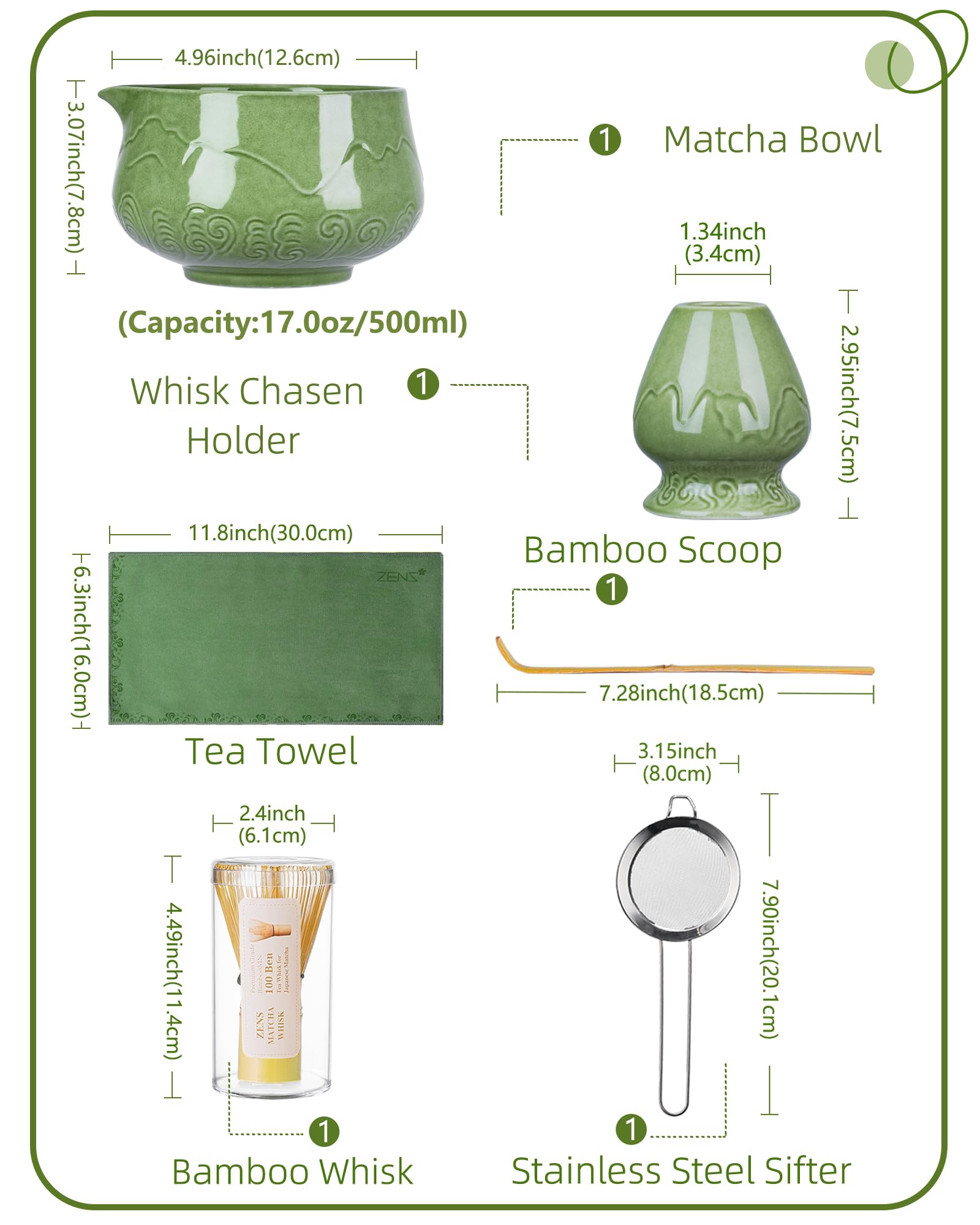 ZENS Premium Matcha Whisk Set, 6pcs Matcha Kit for Matcha Latte, Green