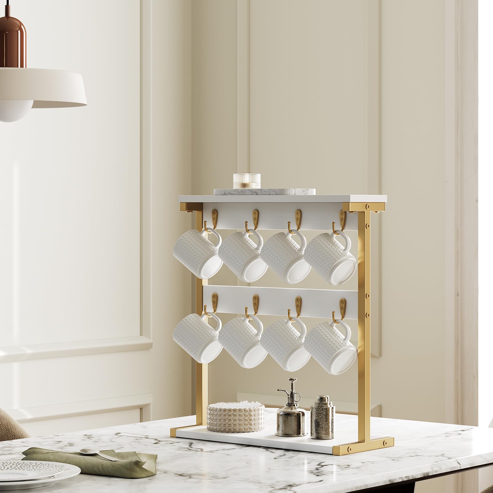 YATINEY Coffee Mug Holder for Counter, 2 Tier Mug Tree Rack, with 8 Hook and 2 Open Shelves, Vintage Mug Holder Stand for Home Kitchen, White and Gold MH43DW