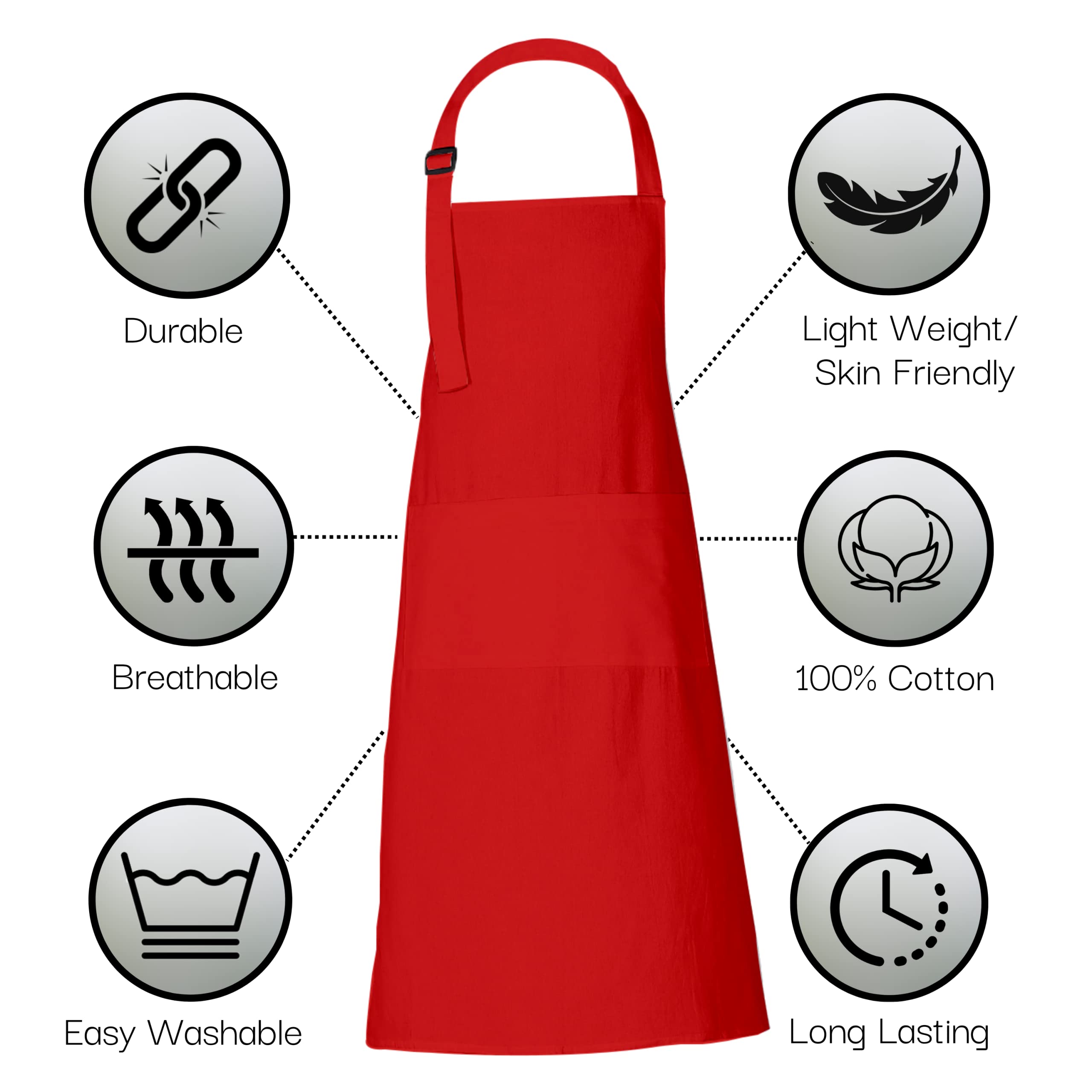RAJRANG Chef Apron Women Men with Pockets Cotton Kitchen Cooking Full Aprons Red 35x27 Inches Pack of 5