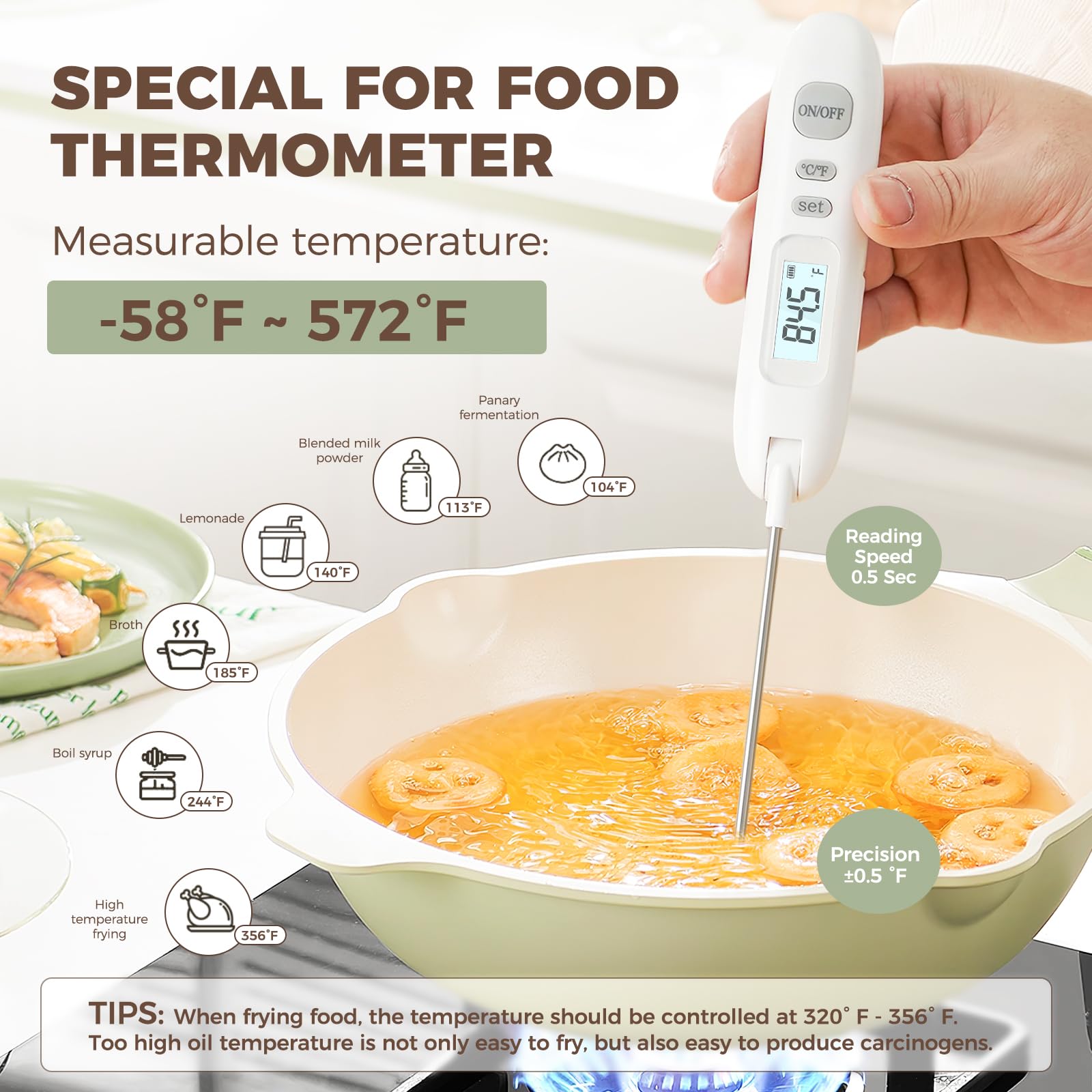 Meat Thermometer Digital,Instant Read Food Thermometer for Cooking Grilling Air Fryer Griddle Probe Kitchen Gadgets Essentials BBQ Grill Smoker Oil Fry Candy Turkey,White