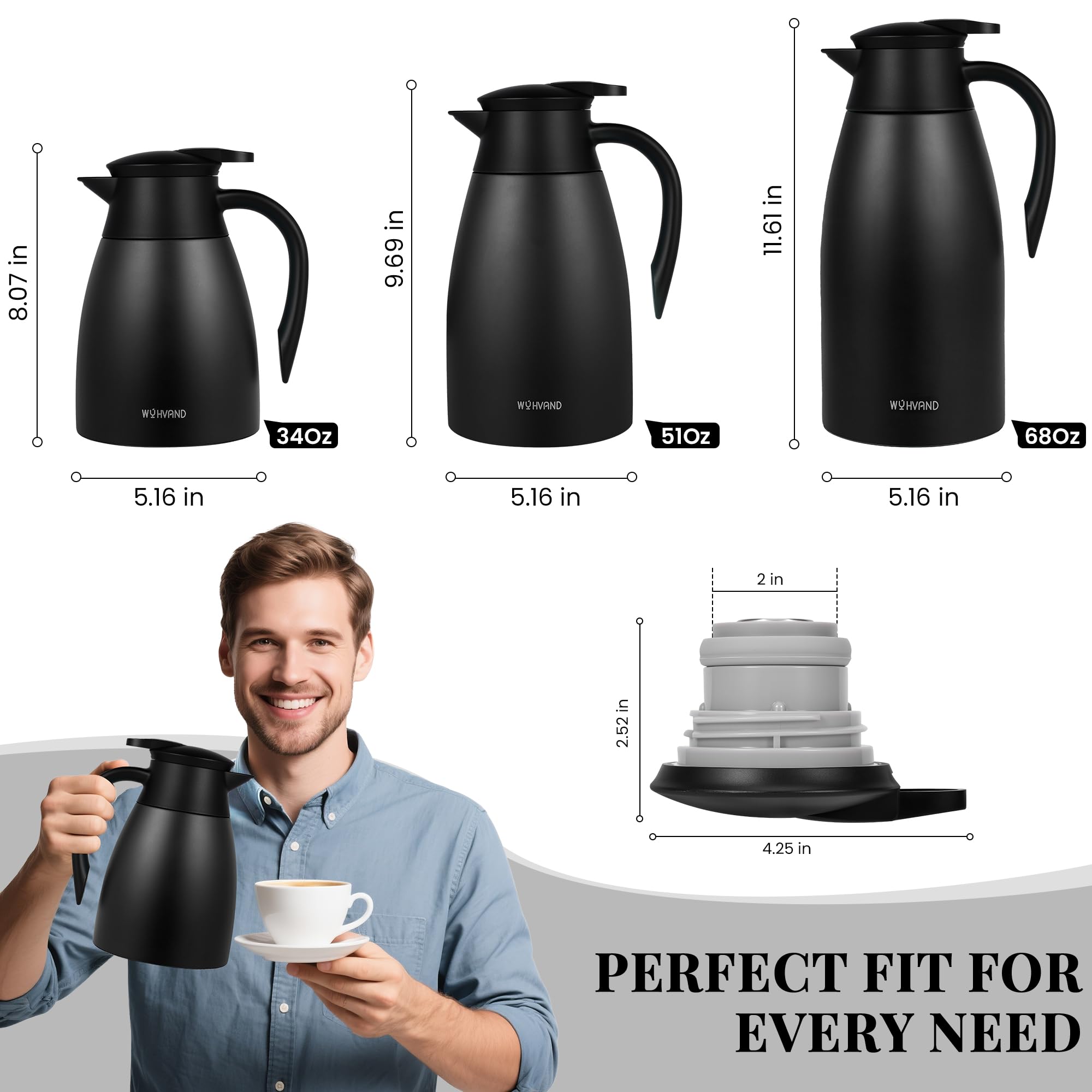 WYHVAND Thermal Coffee Carafe, 34 oz, Leakproof Push-Button Lid, Black