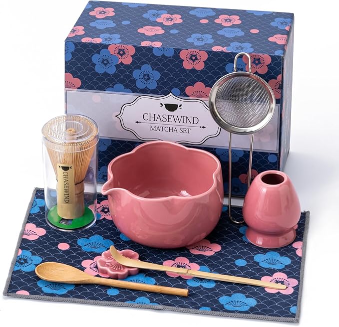 Matcha Set, 8Pcs Floral Ceramic Matcha Set with Matcha Whisk, Holder, Scoop, Scoop Rest, Sifter, Spoon and Tea Towel - Thoughtful Matcha Whisk Set Gift for Matcha Lovers (Pink)