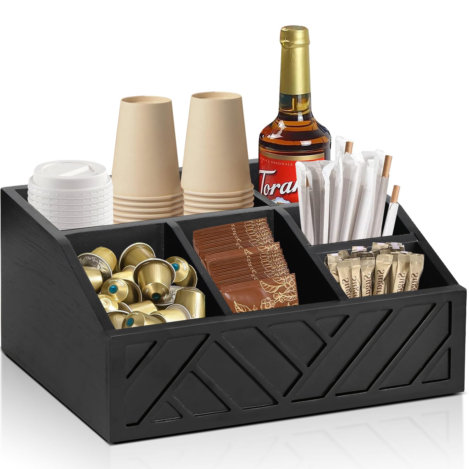 Ukonvi Coffee Pod Holder and Bar Accessories, Wood Station Organizer for Decor, Syrup and Condiment Organizer, Black