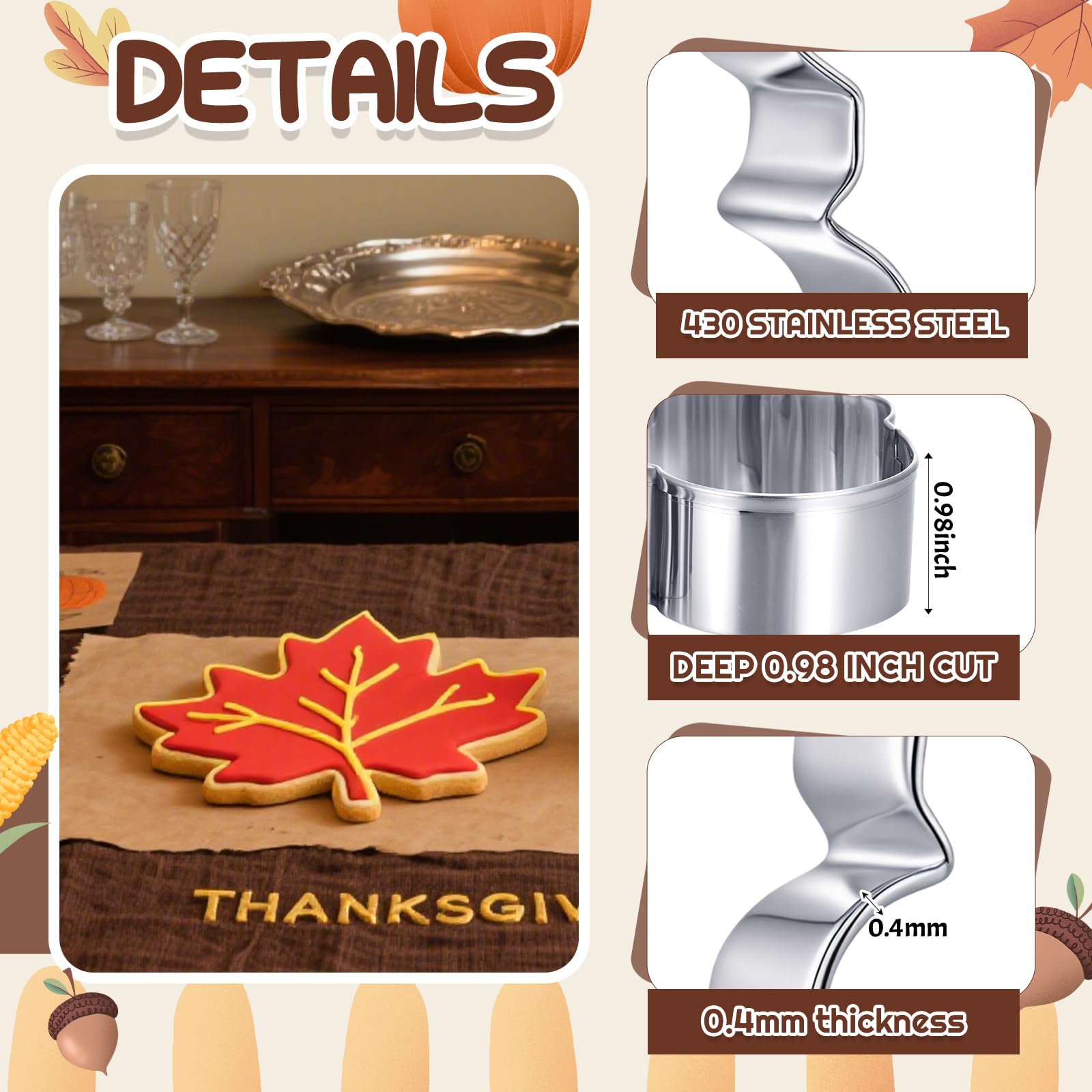 Teenyyou 3 Pcs 8 Inch Thanksgiving Turkey Cookie Cutters Set Extra Large Stainless Steel Fall Thanksgiving Pumpkin Maple Leaves Turkey Biscuit Cookie Cutter Mold for Baking Party Kitchen Accessory