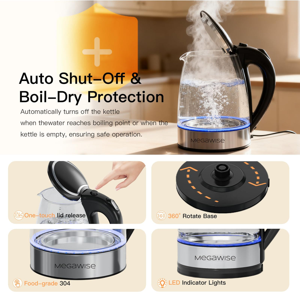MEGAWISE 1.8L Electric Glass Kettle with Auto Shut-Off and Blue LED