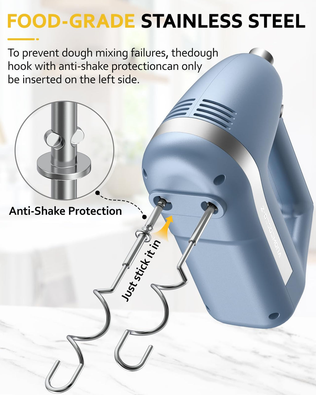 Z-DESDEMONA Electric Hand Mixer, Powerful Hand Mixer Electric Handheld with 304 Beaters, Dough Hook, Whisk, Hand Held Mixer with Turbo for Baking Cakes, Eggs, Cream Food(Blue)