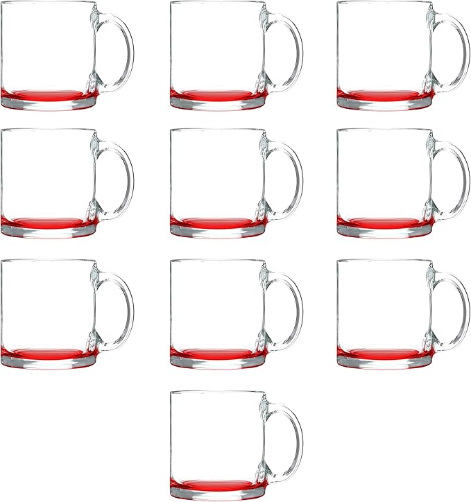 DISCOUNT PROMOS Clear Glass Coffee Mugs 13 oz. Set of 10, Bulk Pack - Perfect for Coffee, Tea, Espresso, Hot Cocoa, Other Beverages - Red Bottom