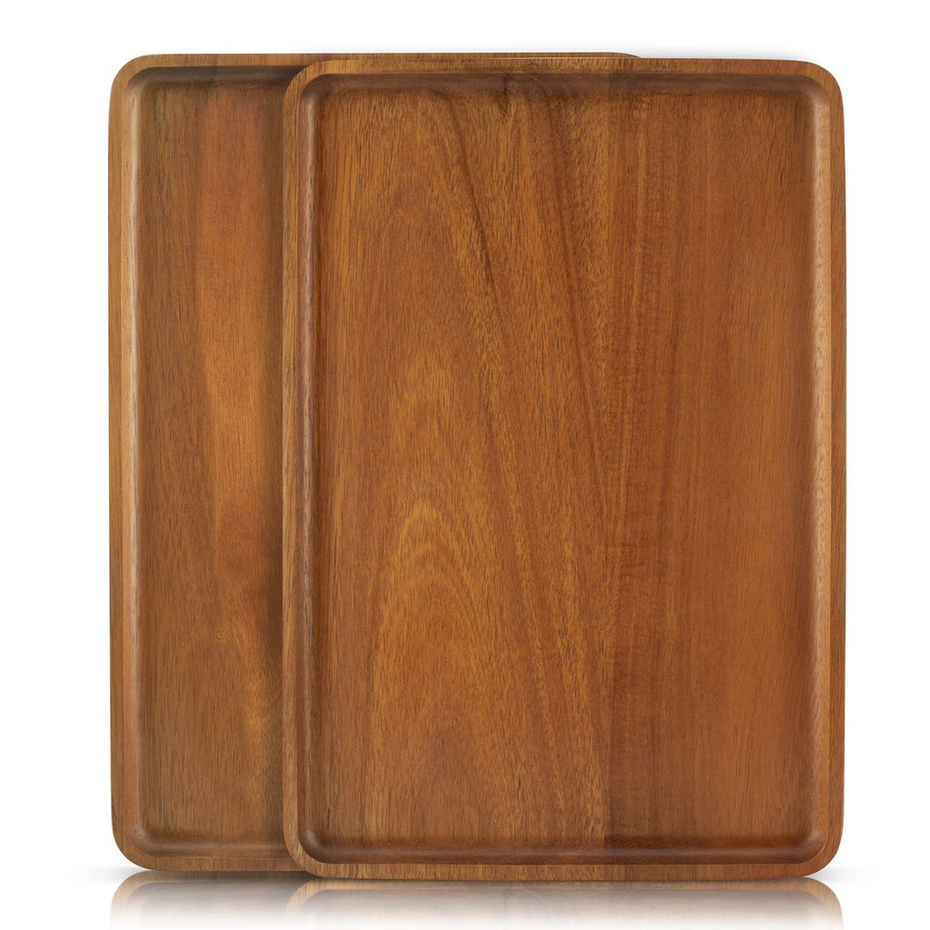 2pcs 15"x10" Solid Acacia Wood Serving Trays Rectangular Wooden Serving Platters Natural Wooden Boards for Bar Coffee Party（Brown）