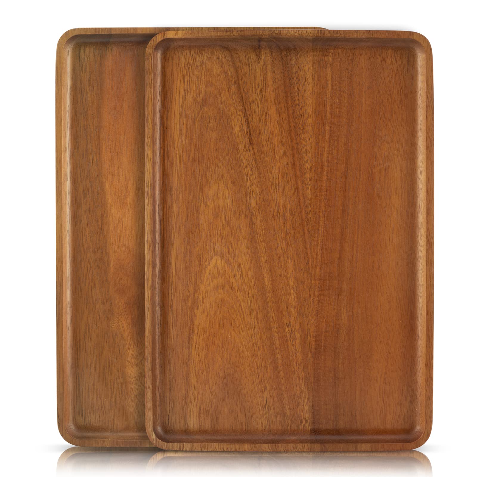 2pcs 15"x10" Solid Acacia Wood Serving Trays Rectangular Wooden Serving Platters Natural Wooden Boards for Bar Coffee Party（Brown）