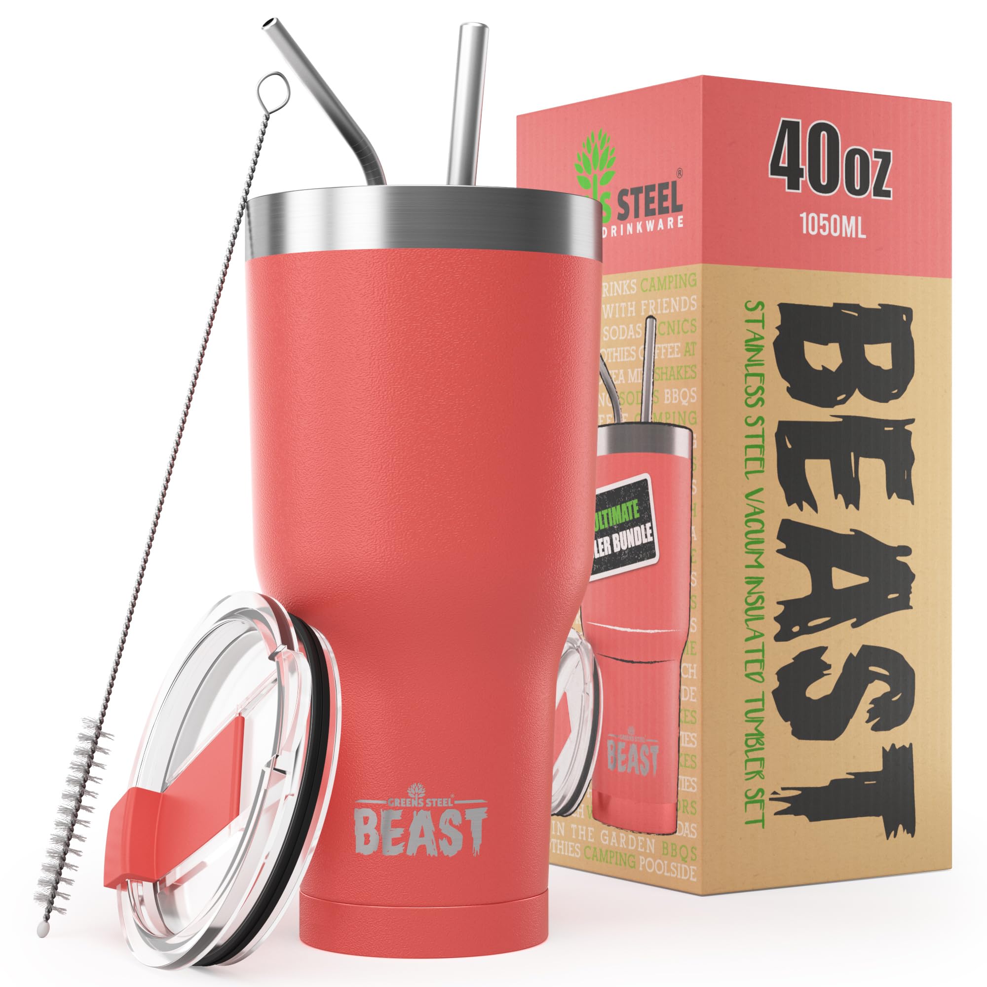 Beast 40 oz Tumbler Stainless Steel Vacuum Insulated Coffee Ice Cup Double Wall Travel Flask (Coral Pink)