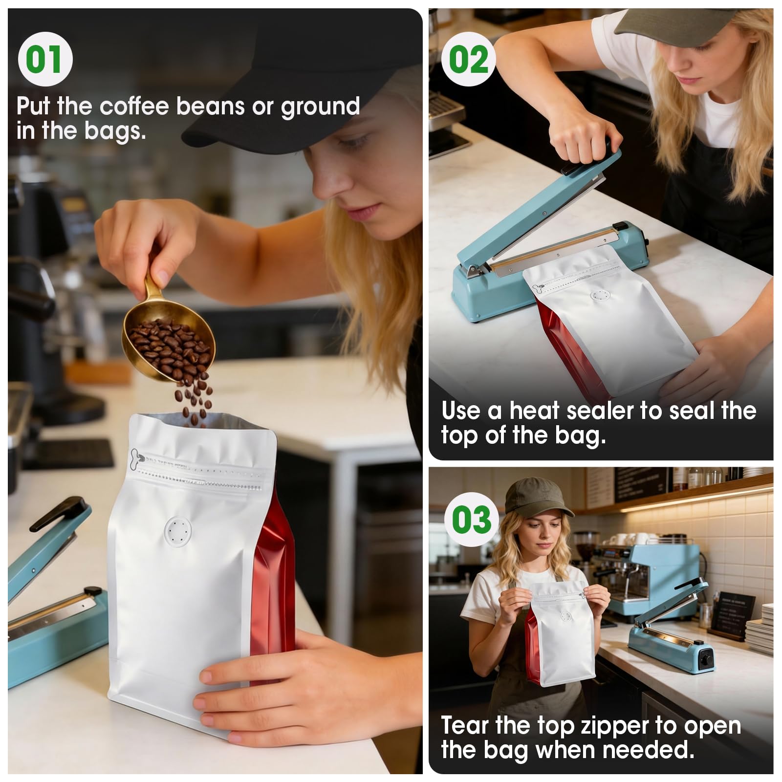 Coffee Bags with Valve(60pcs,16oz,1 lb) Vented Coffee Beans Packaging Bags High Barrier Aluminumed Foil Flat Bottom Heat Sealed Side Zipper Resealable Storage Bag for Home or Business（White+Black）