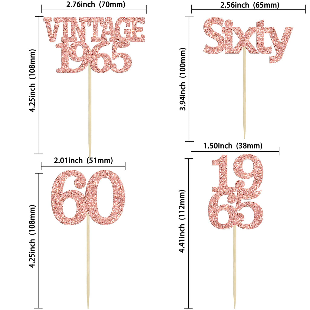 Gyufise 24Pcs 60th Birthday Cupcake Toppers Cheers to 60 Fabulous Sixty Cupcake Picks Vintage 1965 Decorations for 60th Birthday Wedding Anniversary Party Cake Decorations Supplies Rose Gold