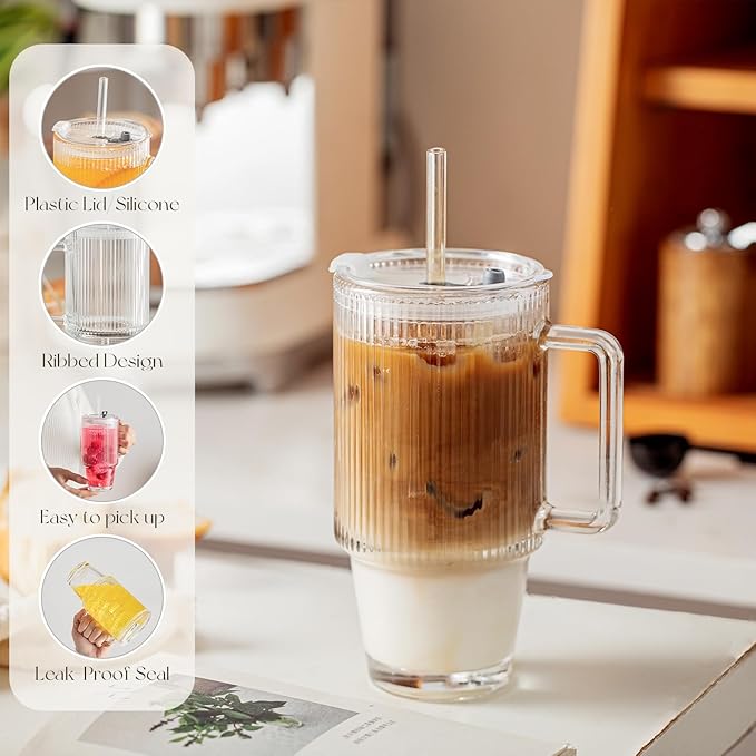 KEMORELA 2-Pack 24 Oz Ribbed Glass Tumblers with Lids and Straws, Handle Iced Coffee Cups, Clear Reusable Drinkware for Smoothies, Cold Beverages - Dishwasher Safe