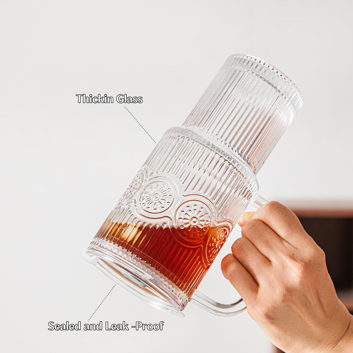 INSETLAN 24 oz Ribbed & Floral Glass Tumblers with Handle, Set of 2 Cups