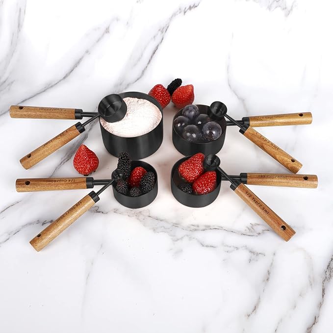 Collection 8 Piece Black Measuring Cups Set and Measuring Spoons, Golden With fragrant wood Handles-Complete Set of Measure Cups and Spoons For Cooking and Baking.