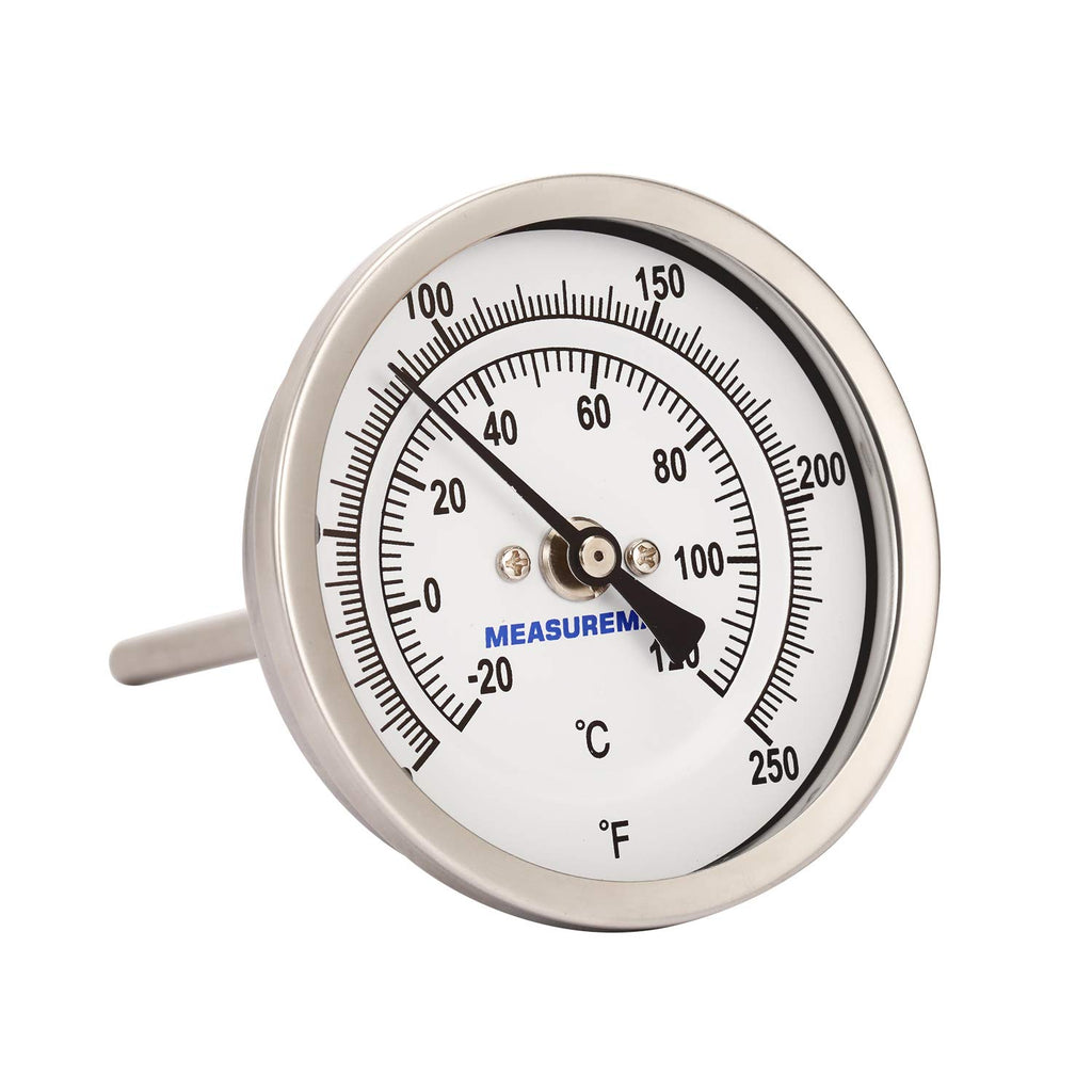 MEASUREMAN Fully Stainless Steel Pot, Kettle, Brewing Bimetal Thermometer, 3" Dial, 4" Stem, 0-250 deg F/-20-120 deg C, -1% Accuracy, Adjustable, 1/2" NPT Back Mount