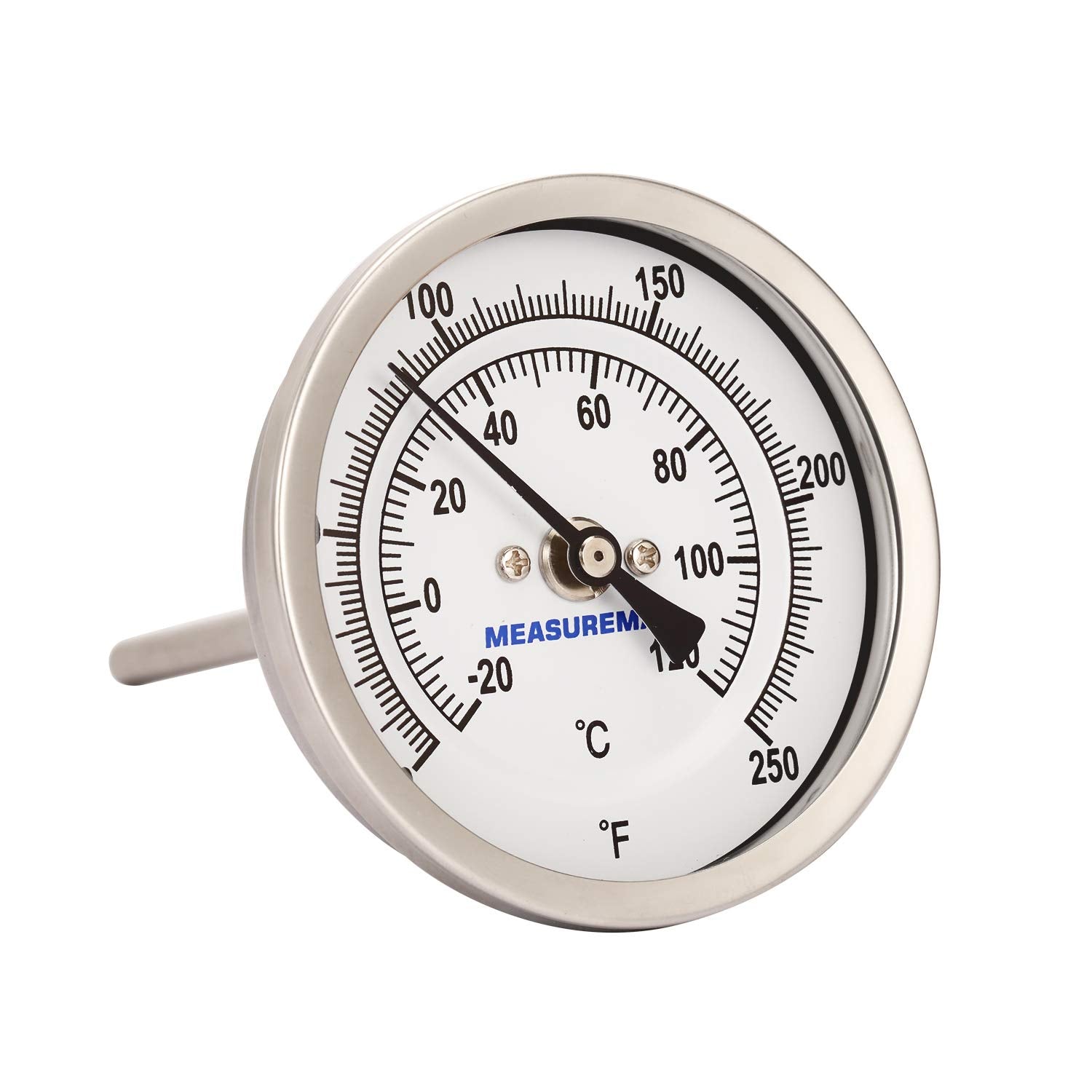 MEASUREMAN Fully Stainless Steel Pot, Kettle, Brewing Bimetal Thermometer, 3" Dial, 4" Stem, 0-250 deg F/-20-120 deg C, -1% Accuracy, Adjustable, 1/2" NPT Back Mount