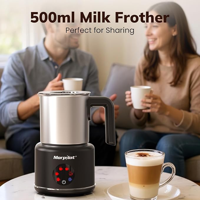 Large Electric Milk Frother and Steamer, 16.9oz/500ml Milk Steamer and Frother for Latte or Hot Chocolate, Dishwasher Safe, 6 Functions, Enjoy Perfect Milk Froth in 2 Min (Black-Stainless Steel)