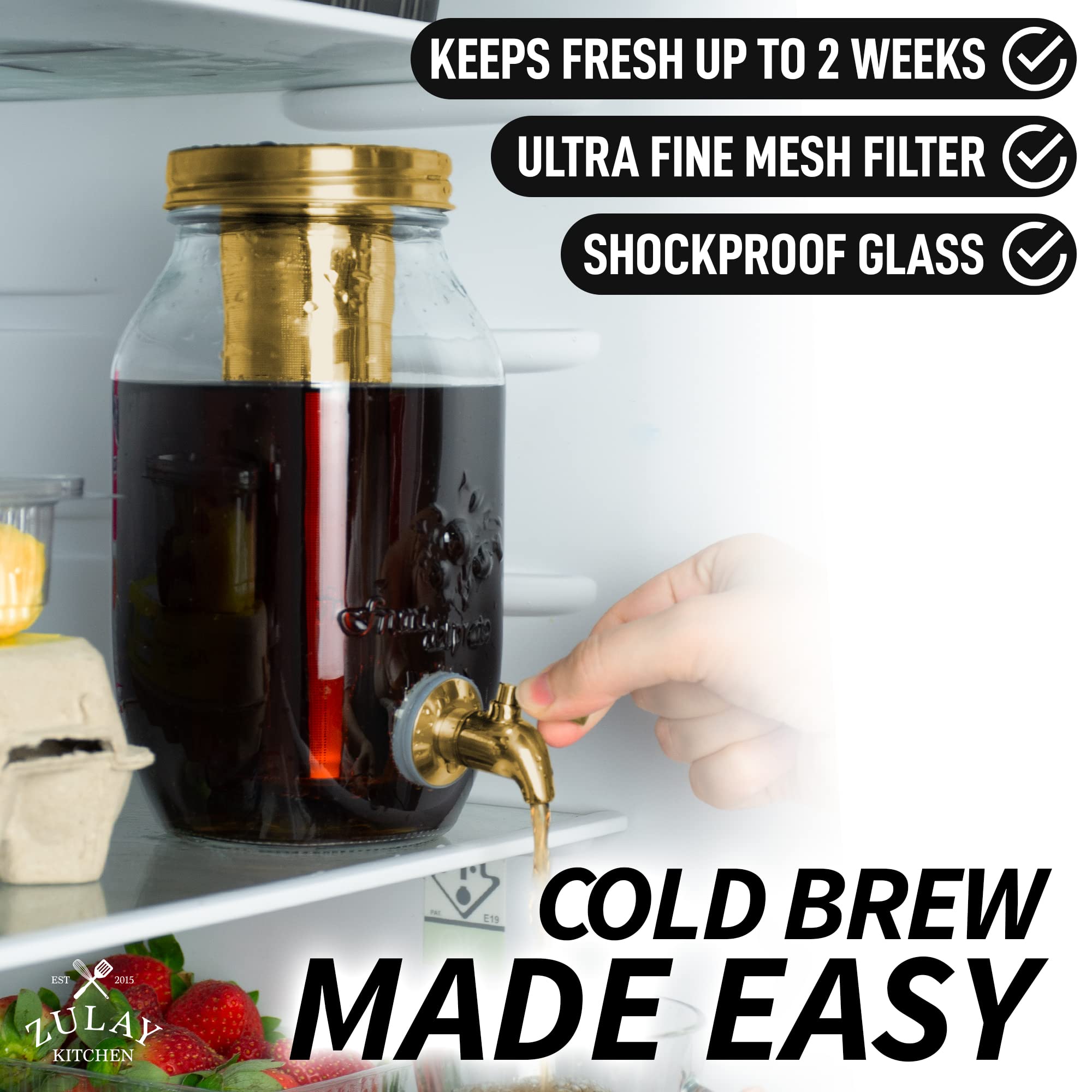 Zulay Kitchen 1.5 Liter Cold Brew Coffee Maker with EXTRA-THICK Glass Carafe & Stainless Steel Mesh Filter - Premium Iced Coffee Maker, Cold Brew Pitcher & Tea Infuser (Gold)…