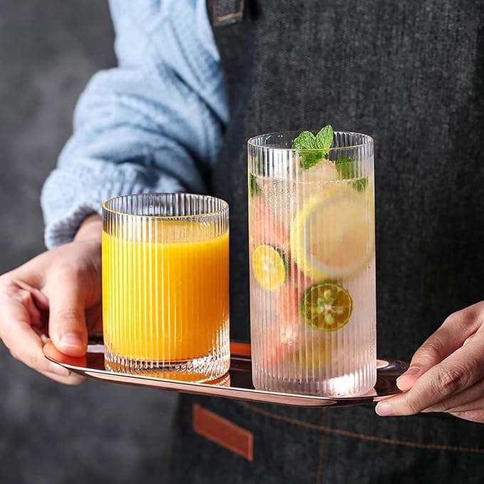INSETLAN Glass Cups Vintage Glassware Set of 4 Small, Origami Style Transparent Cocktail Glasses Set, Bar Beverages Ice Coffee Cup Juice Ripple Drinkware, 270ml (S)