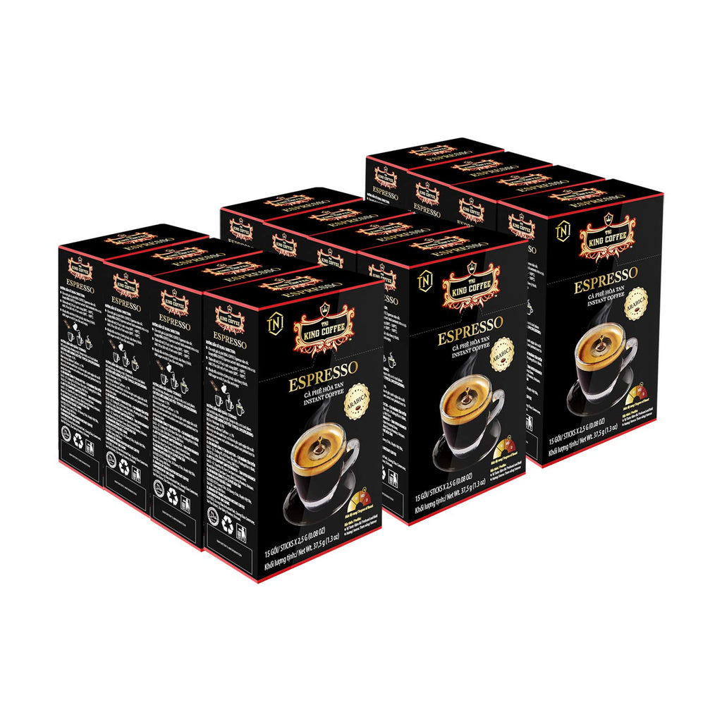 TNI King Coffee Espresso Instant Coffee Vietnamese Coffee, Trung Nguyen International, Arabica Instant Coffee Mix, Medium Roast, 15 Sticks Per Box x 2.5g, Pack of 12