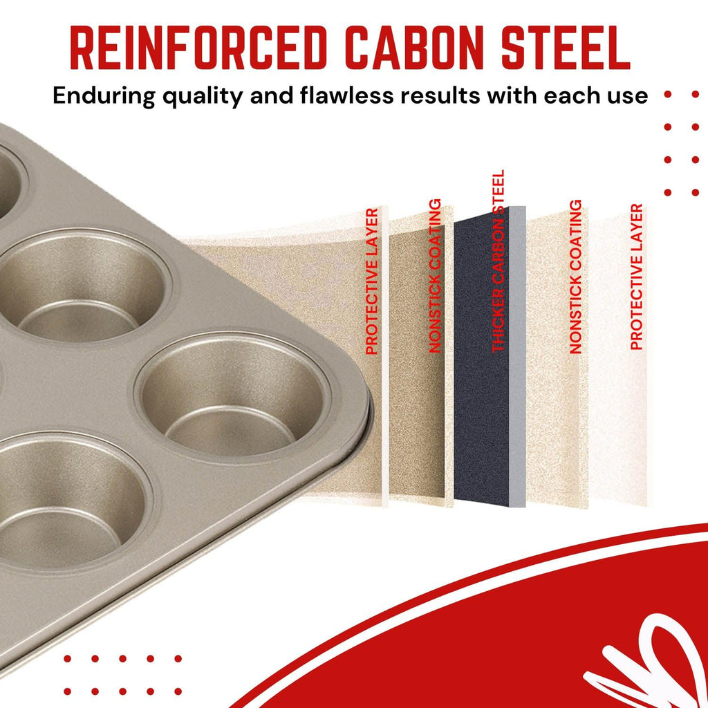 Flexzion 12-Cup Muffin Pans, Nonstick Carbon Steel Bakeware, Gold, 2-Pack