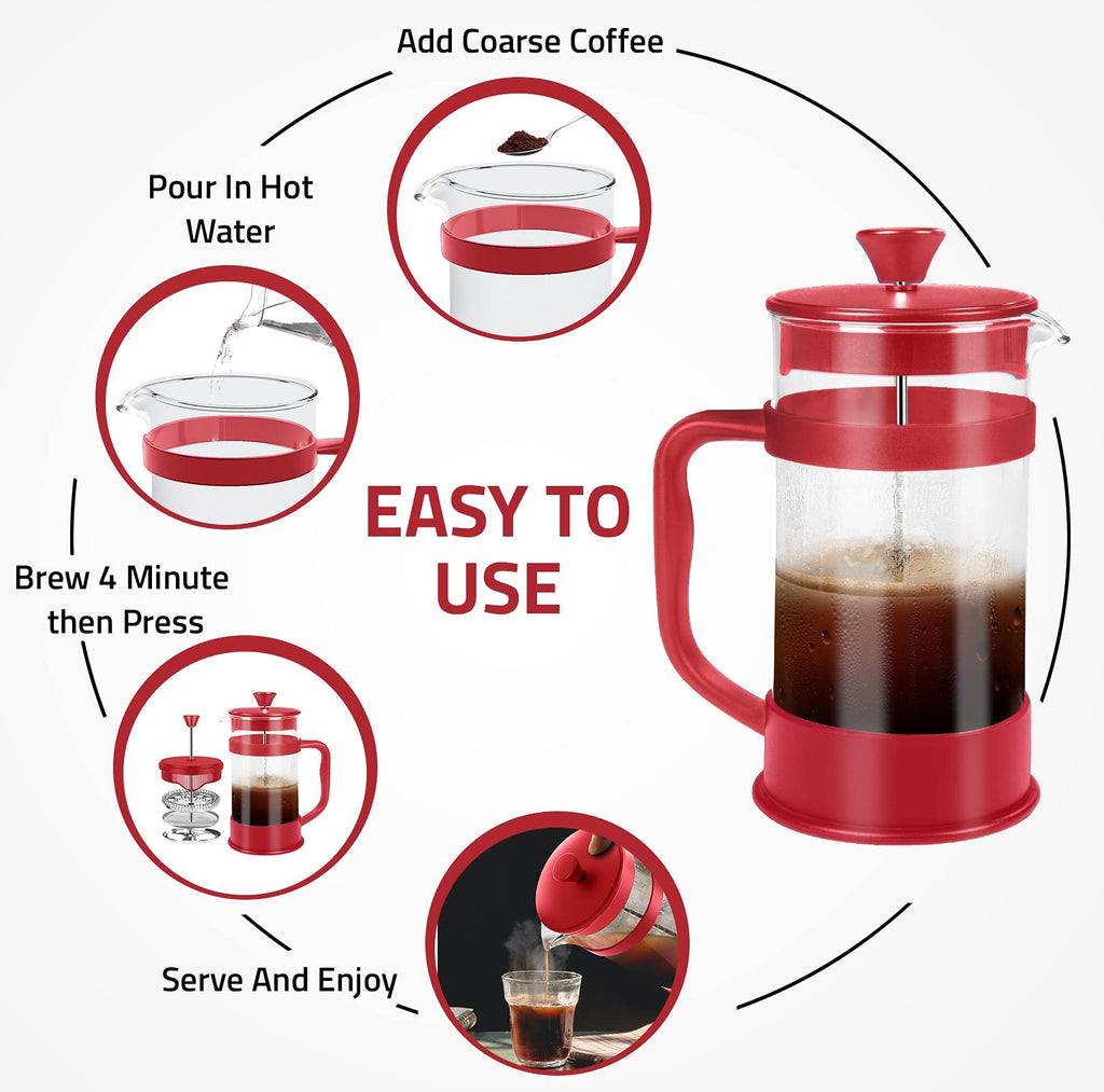 Utopia Kitchen Borosilicate Glass French Press Coffee Maker 34 Oz, Red