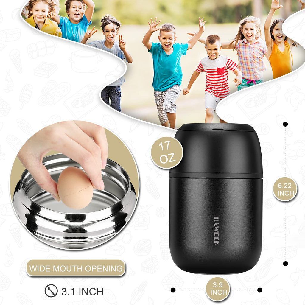 HAWEEK 17oz Insulated Food Jar with Spoon,Stainless Steel,Pure Black