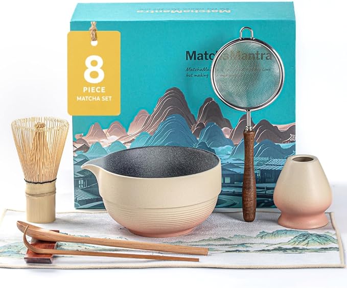 Artisan Matcha Whisk Set - 8 Pcs Premium Matcha Set with Bowl (Chawan), Bamboo Whisk & Tools | Matcha Kit for Making Breakfast/Latte | Gift for Matcha Lovers (Sunset Yellow)