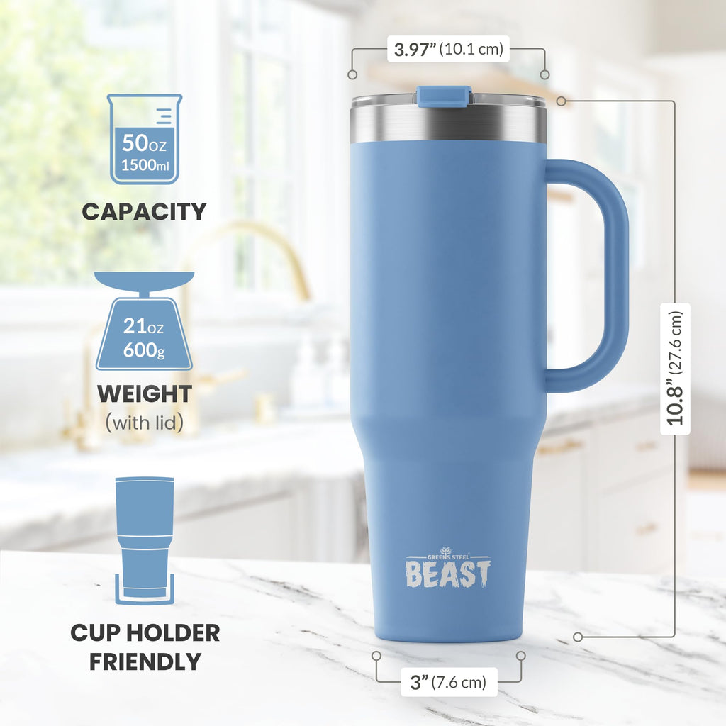 Beast 50 oz Tumbler with Handle Stainless Steel Vacuum Insulated Coffee Ice Cup Double Wall Travel Flask (Stormy Sky Blue)